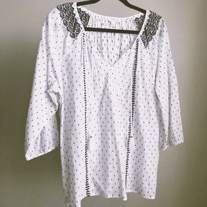 J crew white peasant shirt with black embroidery.